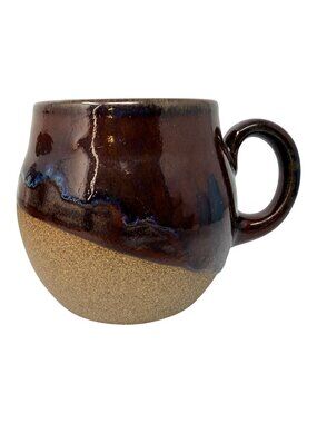 Handmade Large Studio Pottery Mug Brown Drip Glaze Peace Mark Pot Belly